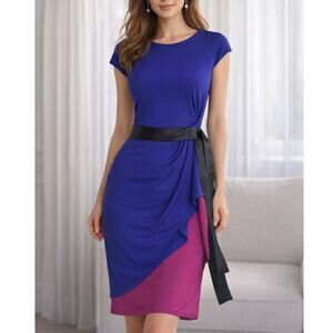 Narcisco Rodriguez Blue Pink Tiered Sheath Dress XS Stretchy Silky NWT Party Lux